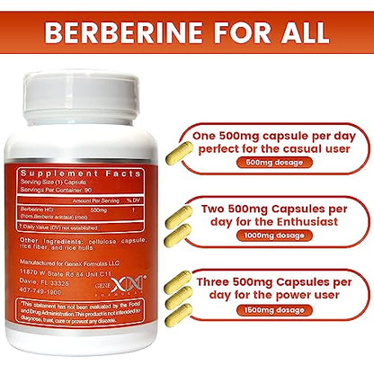 GENEX Berberine HCl 500mg (90 Capsules) | Powerful AMPK Activator, Supports Heart