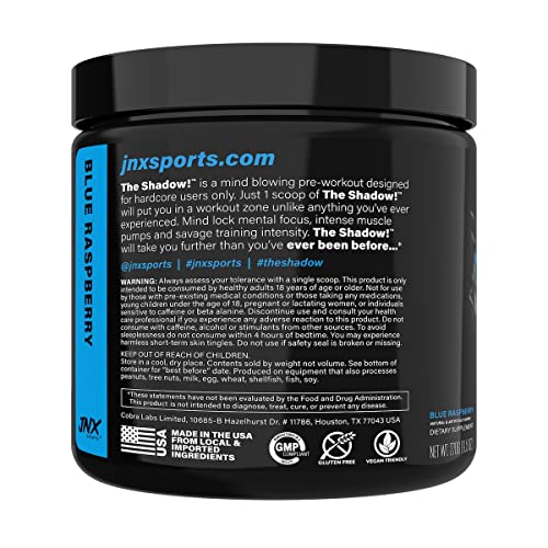 JNX SPORTS The Shadow! 350mg of Caffeine Hard Core Preworkout -Electric Energy, Mental Focus, Superhuman Strength, Men & Women - Blue Raspberry 30 Servings