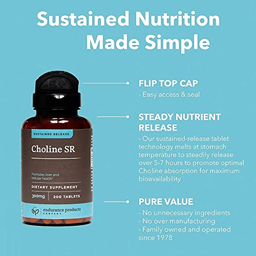 Choline Bitartrate Sustained Release - 300mg 200 Tablet - Promotes Brain Health, Mental Focus & Memory EPC ENDURANCE PRODUCTS COMPANY