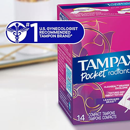 Tampax Pocket Radiant Compact Plastic Tampons, With LeakGuard Braid, Regular Absorbency