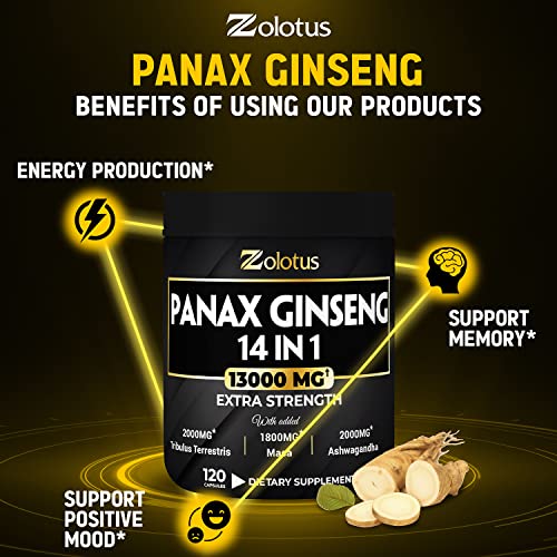 Premium Panax Ginseng 14 in 1, 13X Potency, High Strength Capsules with Horny Goat Weed Zolotus
