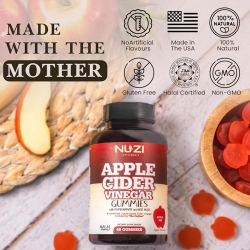 NUZI Apple Cider Vinegar Gummies with Pomegranate & Beetroot | 500 mg | Certified Halal NUZI