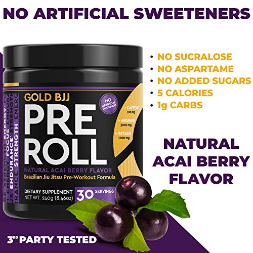 Gold BJJ PreRoll - Jiu Jitsu Pre Workout Supplement for Energy, Focus, and Endurance - Martial Arts Specific Pre-Workout Powder Formula with Natural Flavors (Acai Berry, 30 Servings)