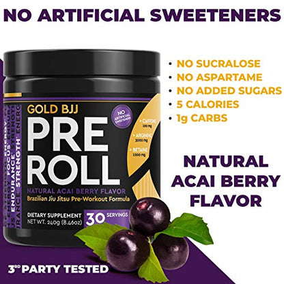Gold BJJ PreRoll - Jiu Jitsu Pre Workout Supplement for Energy, Focus, and Endurance - Martial Arts Specific Pre-Workout Powder Formula with Natural Flavors (Acai Berry, 30 Servings)