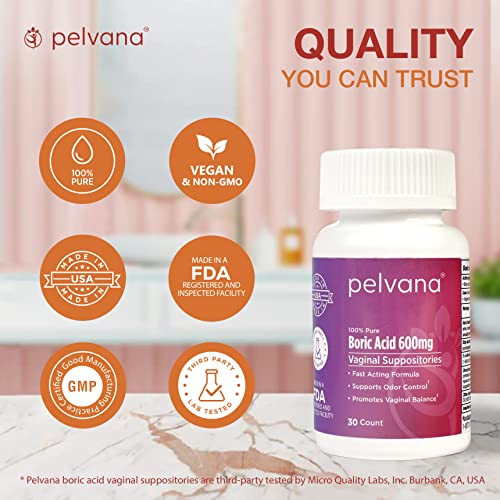 Pelvana Boric Acid Suppositories for Women 30 - for Vaginal pH Balance, Odor Control, Itching, & Discharge Pelvana