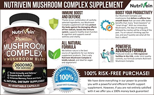 Nutrivein Mushroom Supplement - 2600mg - 90 Capsules - 11 Organic Mushrooms Nutrivein
