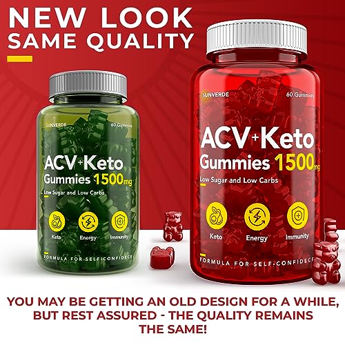 Keto ACV Gummies 1500 mg - Low Sugar Green Apple Flavor - Vegan ACV Keto Gummies SunVerde