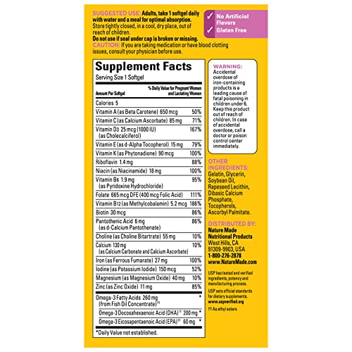 Nature Made Prenatal Multivitamin with Folic Acid, DHA and Choline, Dietary Supplement Nature Made