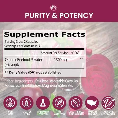 Beet Root Capsules Organic Beet Root Powder 1300mg | Natural Nitric Oxide Booster, Nitrate Supplement, Heart Health, Energy, Athletic Performance