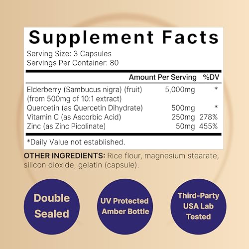 NatureBell Sambucus Elderberry Capsules, 5000mg Per Serving with Quercetin 500mg NatureBell