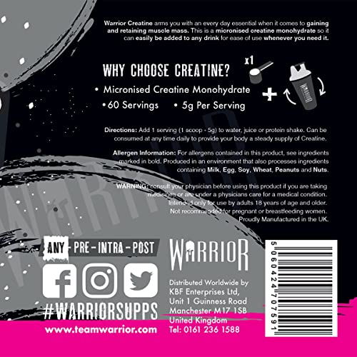 Warrior Creatine Monohydrate Powder – 300g – Micronised for Easy Mixing and Consumpti