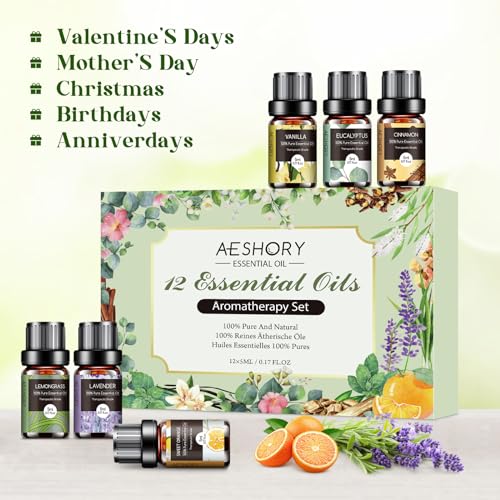 Essential Oils Set - 12 Pcs Aromatherapy Essential Oil Kit for Diffuser, Humidifier, Aromatherapy, Massage Aeshory