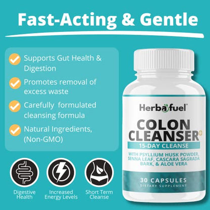 Herbafuel Colon Cleanse - Supports Detox, Gut Health, & Bloating Relief - Contains Herbs