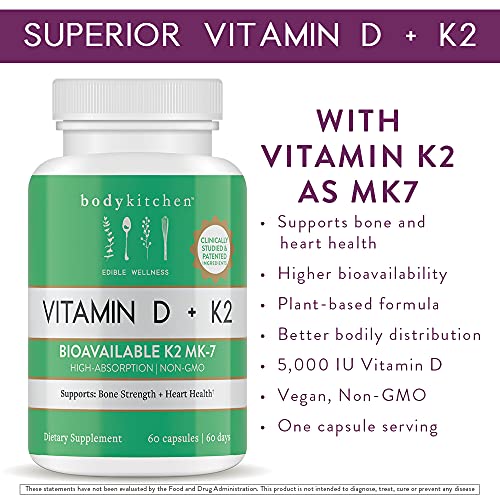 Body Kitchen Vegan Plant-Based Vitamin D3 + K2 (MK7) Supplement, Bone and Heart Body Kitchen