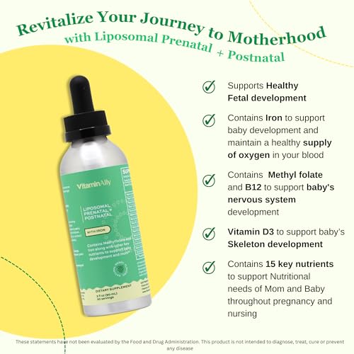 Prenatal + Postnatal liposomal Liquid Drops with Iron | 30 Day Supply | 3 FL Oz | Non-GMO Vitaminally