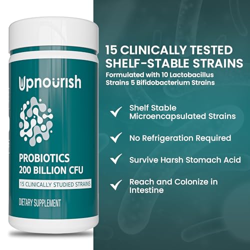 UpNourish Probiotics - 200 Billion CFUs, 15 Strains, Prebiotics & Enzymes - 60 Vegan Cap UpNourish