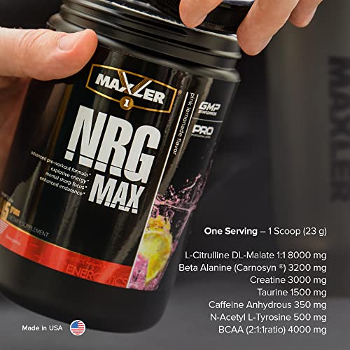 Maxler NRG MAX Pre Workout Powder with Taurine, L Citrulline Malate, Beta Alanine Creatine - Explosive Energy, Enhanced Endurance, Improved Concentration & Accelerated Recovery - Pink Lemonade 12.2 Oz