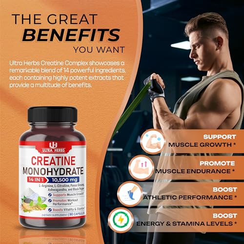Ultra Creatine Pills Muscle Growth 9800mg Creatine Monohydrate Capsules w Ginseng ULTRA HERBS