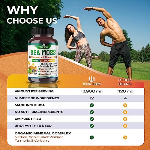 Organic Sea Moss Capsules 12,900mg with Black Seed Oil, Ashwagandha, Burdock Root ULTRA HERBS