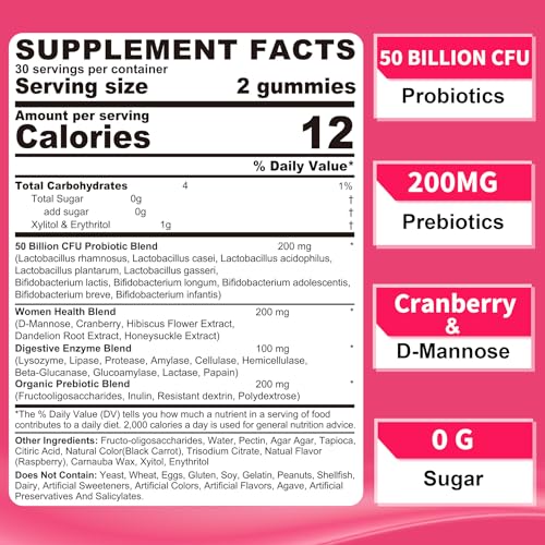 Probiotics for Women Gummies, Sugar Free Vaginal Probiotics 50 Billion CFU 10 Strains w/ Cranberry NEVISS