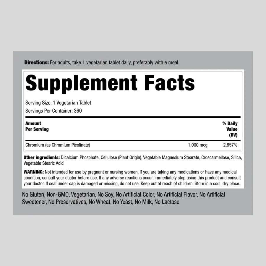 Chromium Picolinate 1000 mcg | 360 Tablets | Chromium Supplement | Vegetarian, Non-GMO