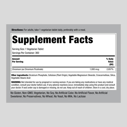 Chromium Picolinate 1000 mcg | 360 Tablets | Chromium Supplement | Vegetarian, Non-GMO