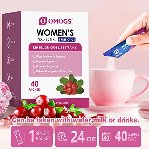 OMOGS Women's Probiotic,120-Billion-CFUs, 18 Strains, with 3 Prebiotics and Cranberry OMOGS