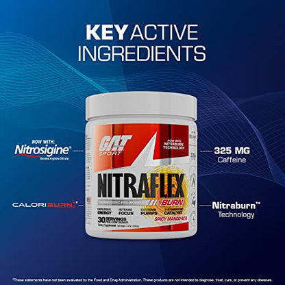 GAT SPORT NITRAFLEX Burn, Pre Workout Thermogenic Powder, Apple Melon, 30 Servings
