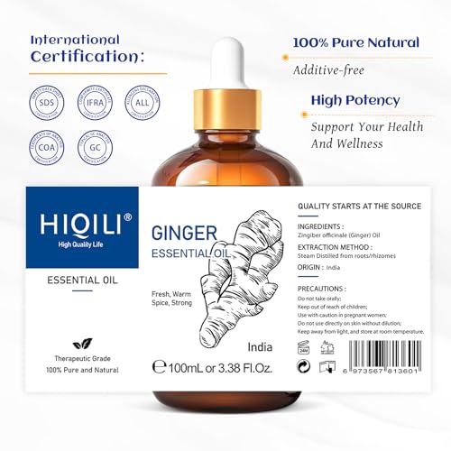 HIQILI Pure Ginger Essential Oil 3.38 Fl Oz, Pure Natural Premium Ginger Oil for Massage HIQILI
