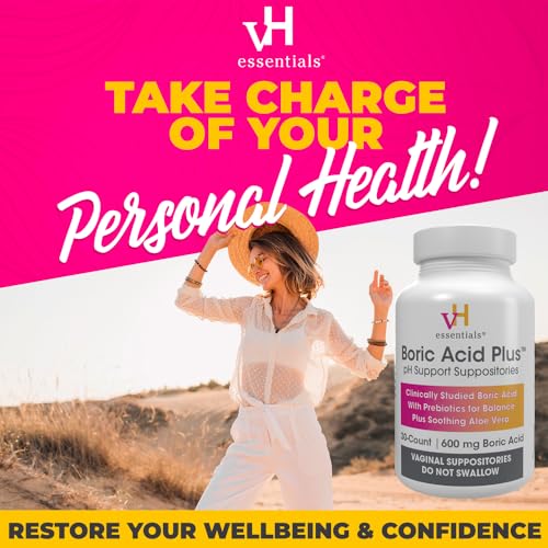 vH essentials Boric Acid Plus Vaginal Suppositories, Prebiotic Infused with Soothing Aloe Vera, pH vH essentials