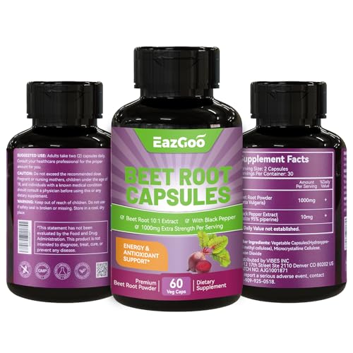 EAZGOO Beet Root Capsules 1000mg Per Serving, Supports Nitric Oxide Production & Blood Pressure, with Black Pepper Extract, Non-GMO, Gluten Free, Vegan - 60 Counts