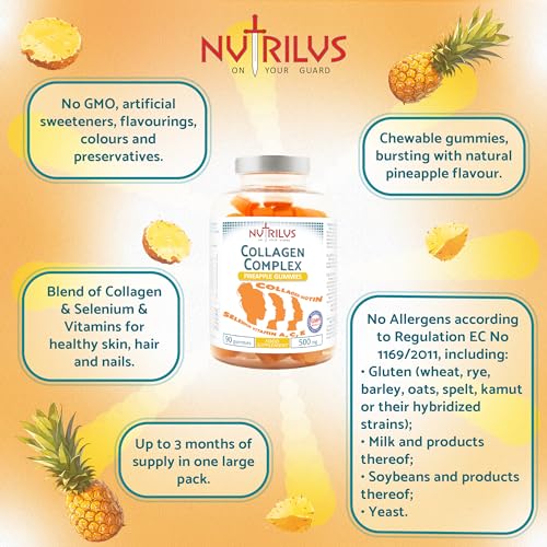 Collagen Complex 90 Natural Pineapple Gummies 500mg - Large Pack - with Biotin & Selenium Nutrilus
