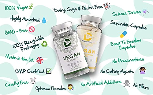 Vegan Collagen Supplement - 1400mg, Spirulina, L-Lysine, L-Proline, Acerola Cherries , Vitamin C & B12, Zinc, Hyaluronic Acid, UK Made D Direct Vitality
