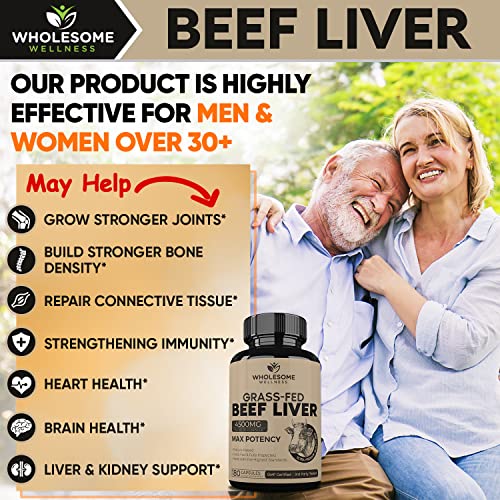 Grass Fed Desiccated Beef Liver Capsules (180 Pills, 750mg Each) - Natural Iron, Vitamin A Wholesome Wellness