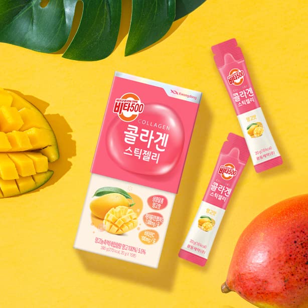 KWANGDONG Vita500 Mango Collagen Peptides Stick Jelly, with Vitamin C, to Support Skin