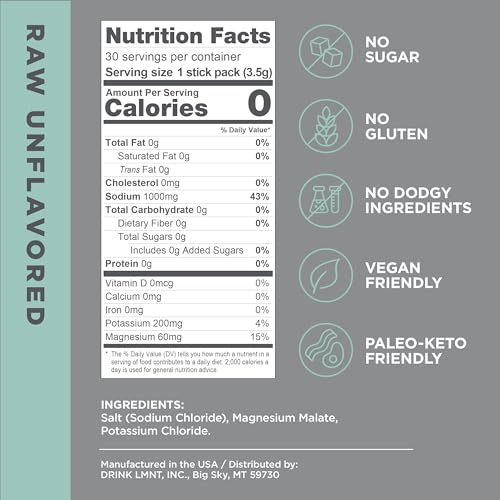 LMNT Zero-Sugar Electrolytes - Raw Unflavored Salt - Hydration Powder Packets