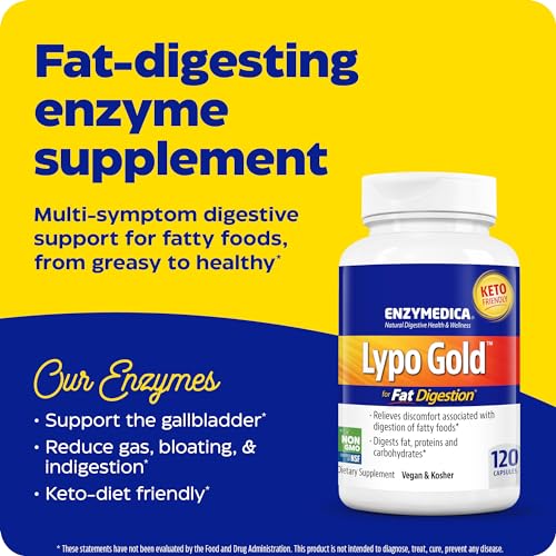 Enzymedica Lypo Gold, Digestive Enzymes for Fat Digestion, Offers Fast Acting Gas