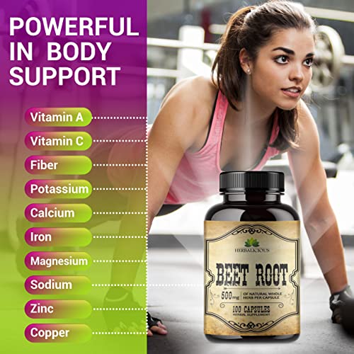 HERBALICIOUS Beet Root Capsules - Herbal Supplement for Athletic Performance, Natural Nitric Oxide Booster & Liver Support - Natural Energy Booster for Men & Women - 100 Caps