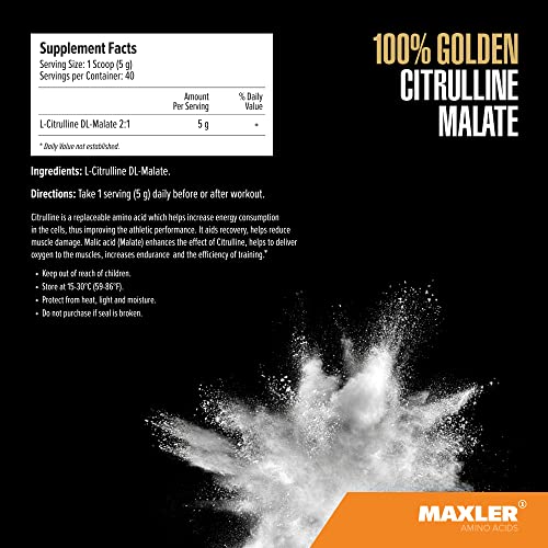 Maxler 100% Golden Citrulline Malate Powder - Vegan L-Citrulline DL-Malate 2:1 Amino Acid - Pre Workout Powder for Endurance & Muscle Recovery- Gluten Free Unflavored Citrulline Malate - 200g