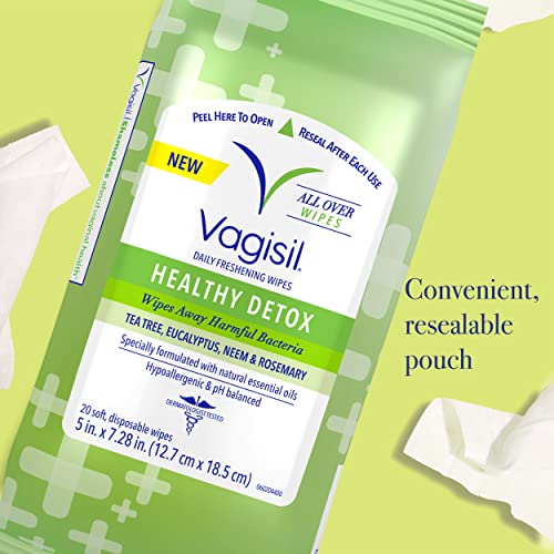 Vagisil Wipes for All Over Cleaning, Health Detox, Formulated with Essential Oils, 20 Wipes Vagisil