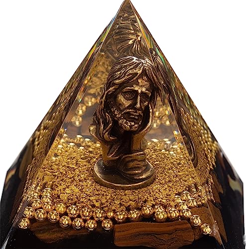 FENGSHUI-CAISHEN Mini Jesus Figurine in Healing Crystal Orgone Pyramid - Obsidian Tiger's Eye FENGSHUI-CAISHEN