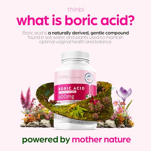 Thinbi Boric Acid Suppositories for Women w/Aloe Vera - BV Treatment & PH Balance Artnaturals