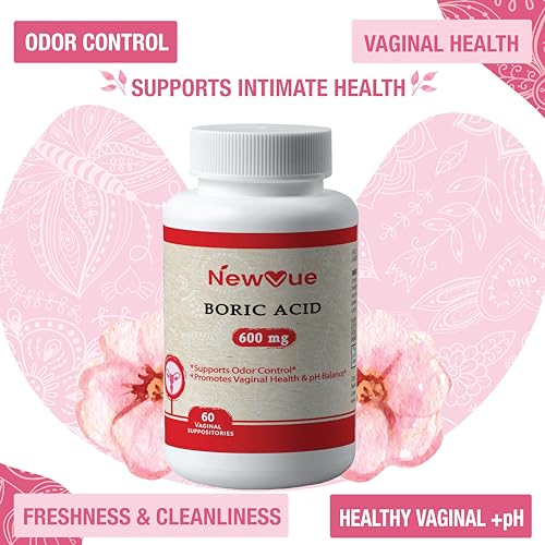 NewVue Boric Acid Vaginal Suppositories (600mg, 60 Count) Supports Vaginal pH Balance, Odor Control (USP Medical Grade Fine Powder, Easy Dissolve, Third Party Tested, Made in USA) NewVue