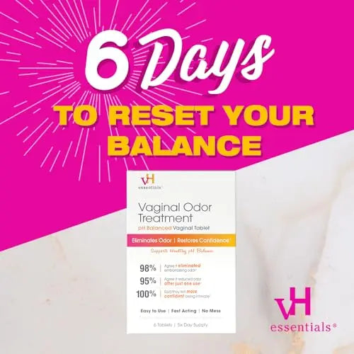 vH essentials Vaginal Odor Treatment - pH Balanced Vaginal Suppositories - 6 Tablets With Applicator, White vH essentials