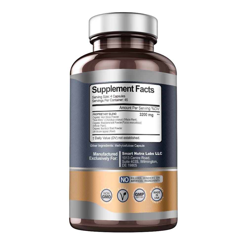 SMART NUTRA LABS Organic Sea Moss 3200MG Per Serving- 180 Vegan