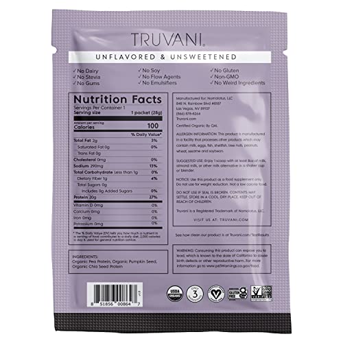 Truvani Organic Vegan Protein Powder Unflavored - 20g of Plant Based Protein, Organic