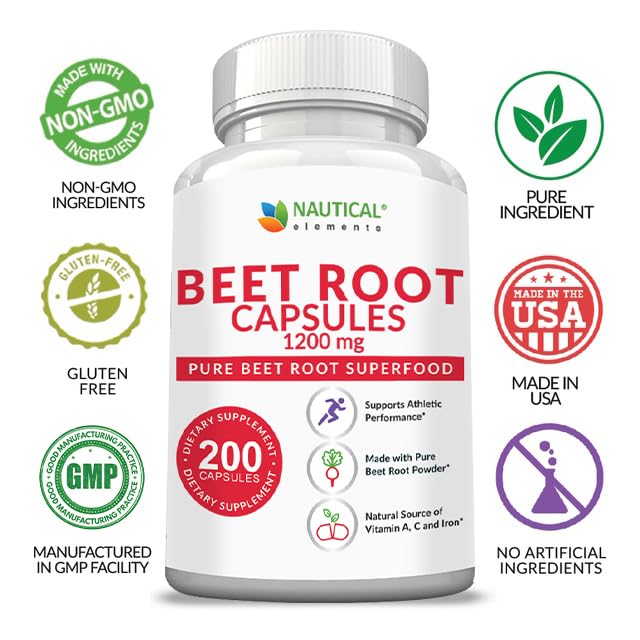 Beet Root Capsules - 1200mg Per Serving - 200 Beet Root Powder Capsules - Beetroot Nautical Elements