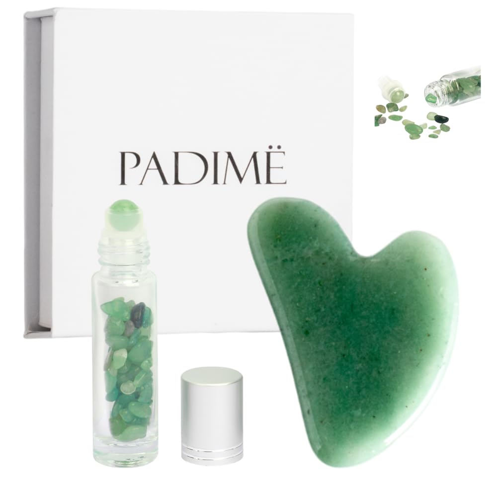 Padime 2 pcs | Premium Set | Real Jade Gua Sha Tool for Facial Skin Care + Glass Bottle for Your Oil