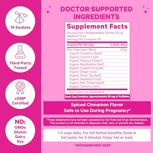 Pink Stork Slim Tea with Organic Dandelion Root, Green Tea, Ginger and Hibiscus for Detox Pink Stork