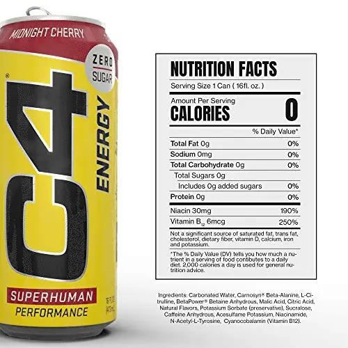 C4 Energy Carbonated Zero Sugar Energy Drink, Pre Workout Drink + Beta Alanine, Midnight